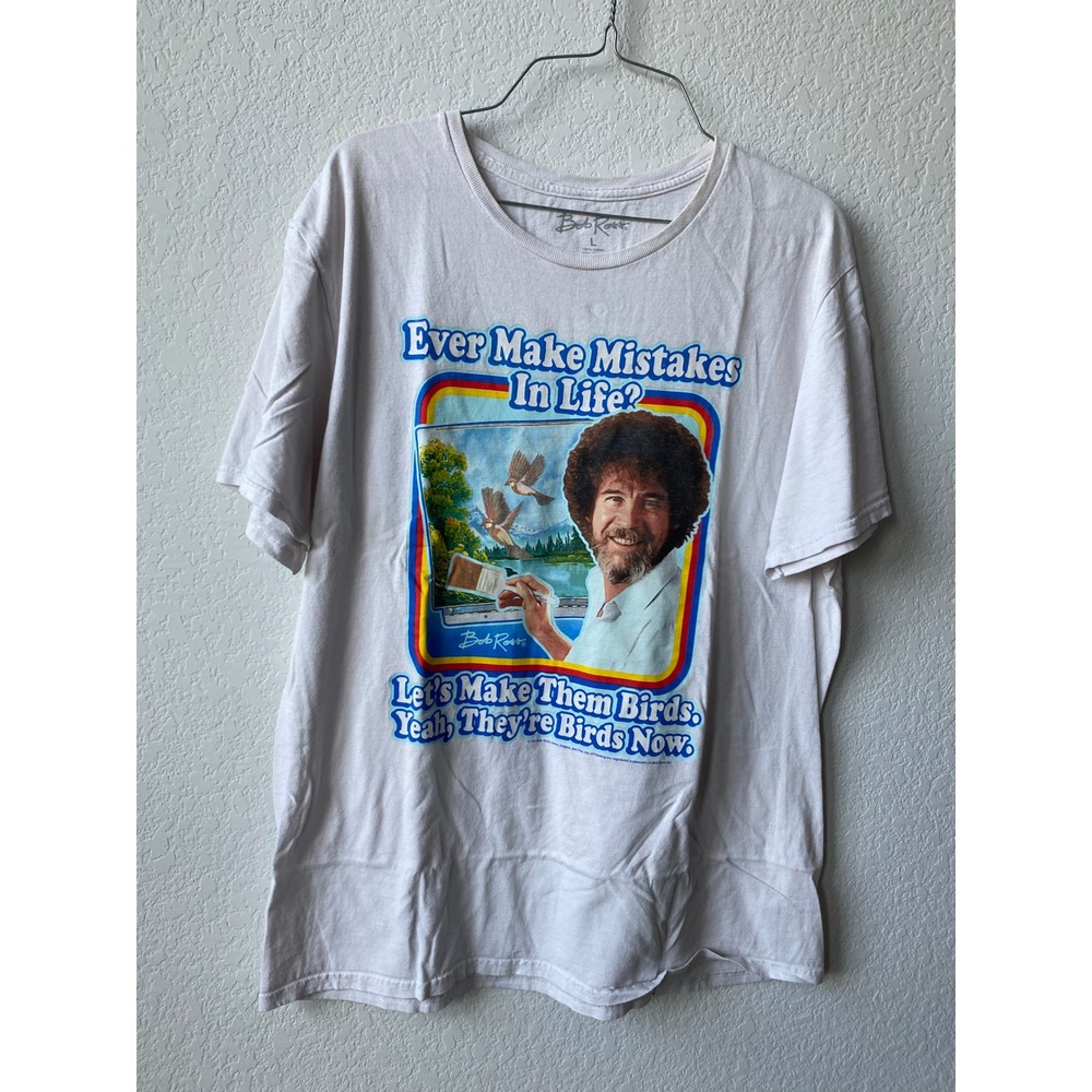 Bob Ross Men Ever Make Mistakes In Life Graphic RETRO T-Shirt Size L White